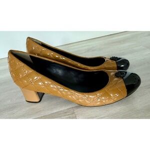 Tory Burch Quilted Patent Leather Cap Toe Heels Tan Black Size 8.5M
